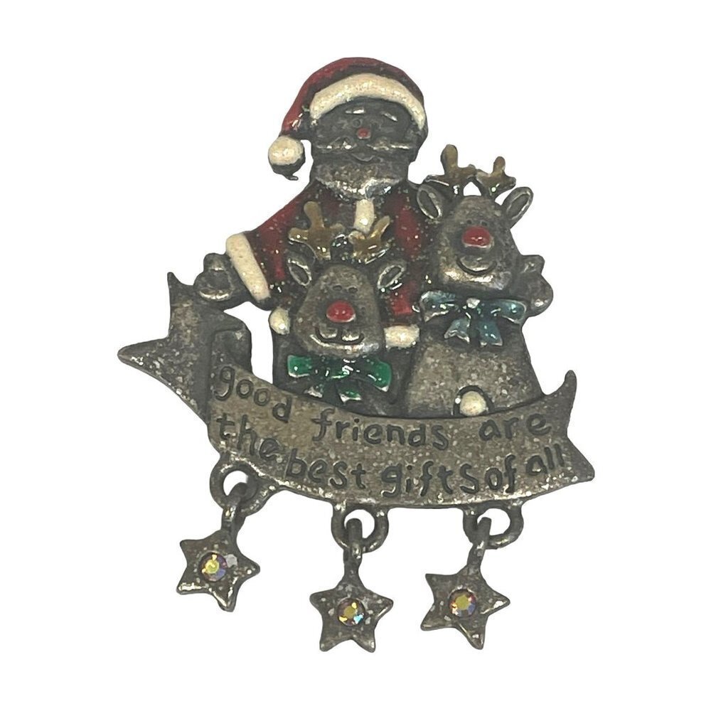 Vintage AMJO Pewter Santa Reindeer Christmas Brooch "Good Friends"
